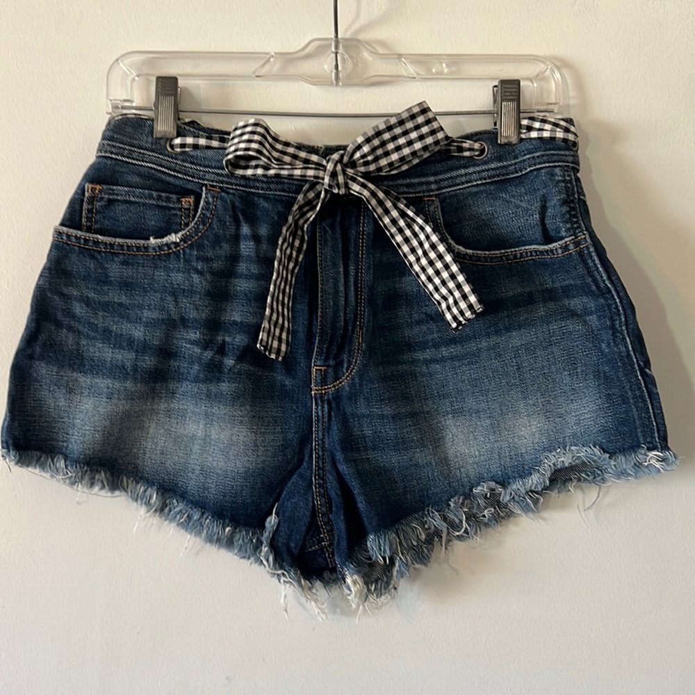 Hollister high rise vintage denim shorts with plaid tie
